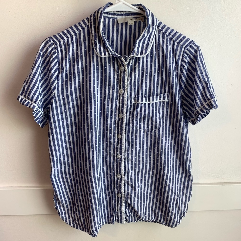 Loft Sleepwear Blue & White Striped Pajama Short Sleeve Shirt